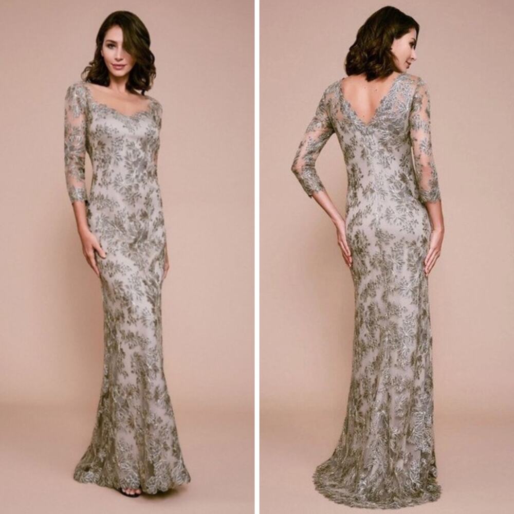 Tadashi Shoji Dress Nude Gray Gold Embroidered Floral Mother of Bride Long Maxi - Picture 3 of 15